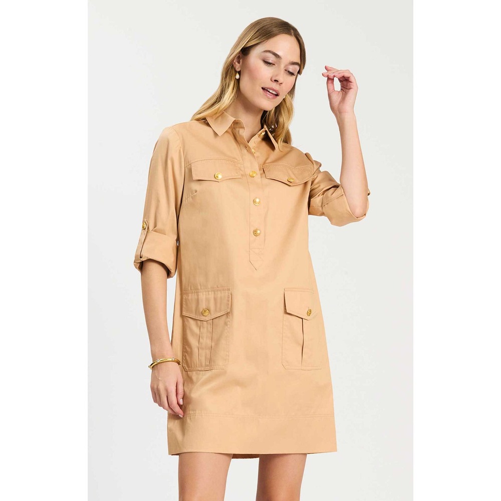 Tyler Boe Rory  Khaki Safari Utility Shift Dress Gold Crest Buttons NWT Size 4